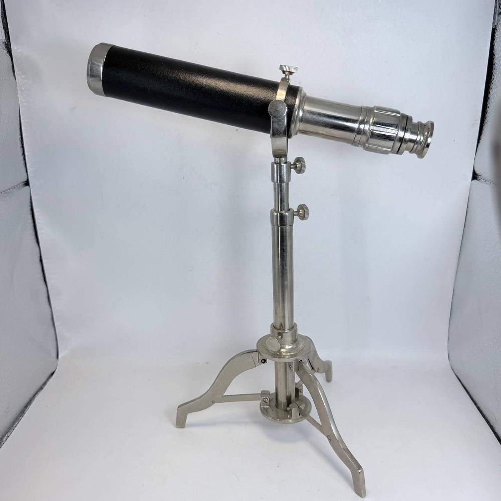 Vintage Desktop Chrome and Leather Telescope with Adjustable Tripod Stand